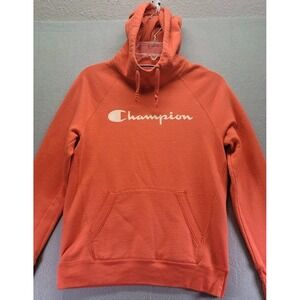 Y2K Champion Orange Hoodie Sweatshirt Kangaroo Pocket‎ Womens Size XS Cowl Neck